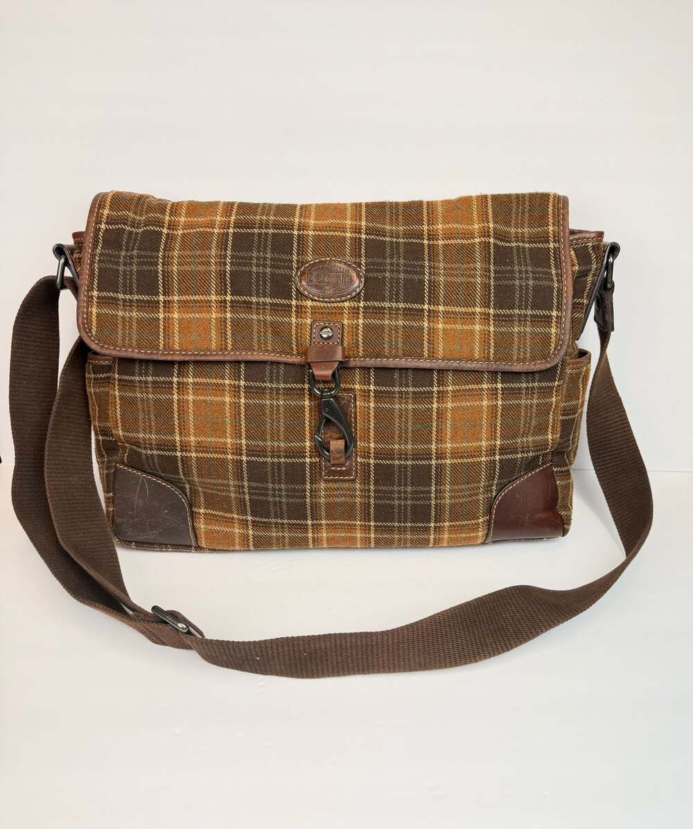 Fossil Field Sports Dept. No. 14587 Plaid Wool and Leather Messenger Laptop Bag